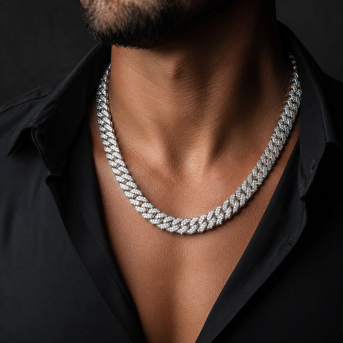 BLACKTHRONE 10mm moissanite Cuban chain necklace worn on chest with black open-collar shirt