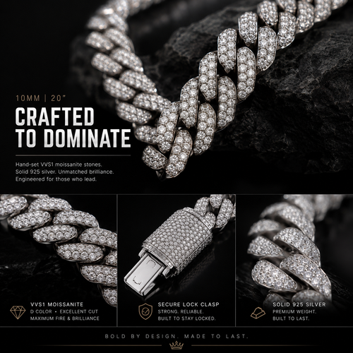 close-up detail of BLACKTHRONE moissanite cuban chain clasp and diamond setting