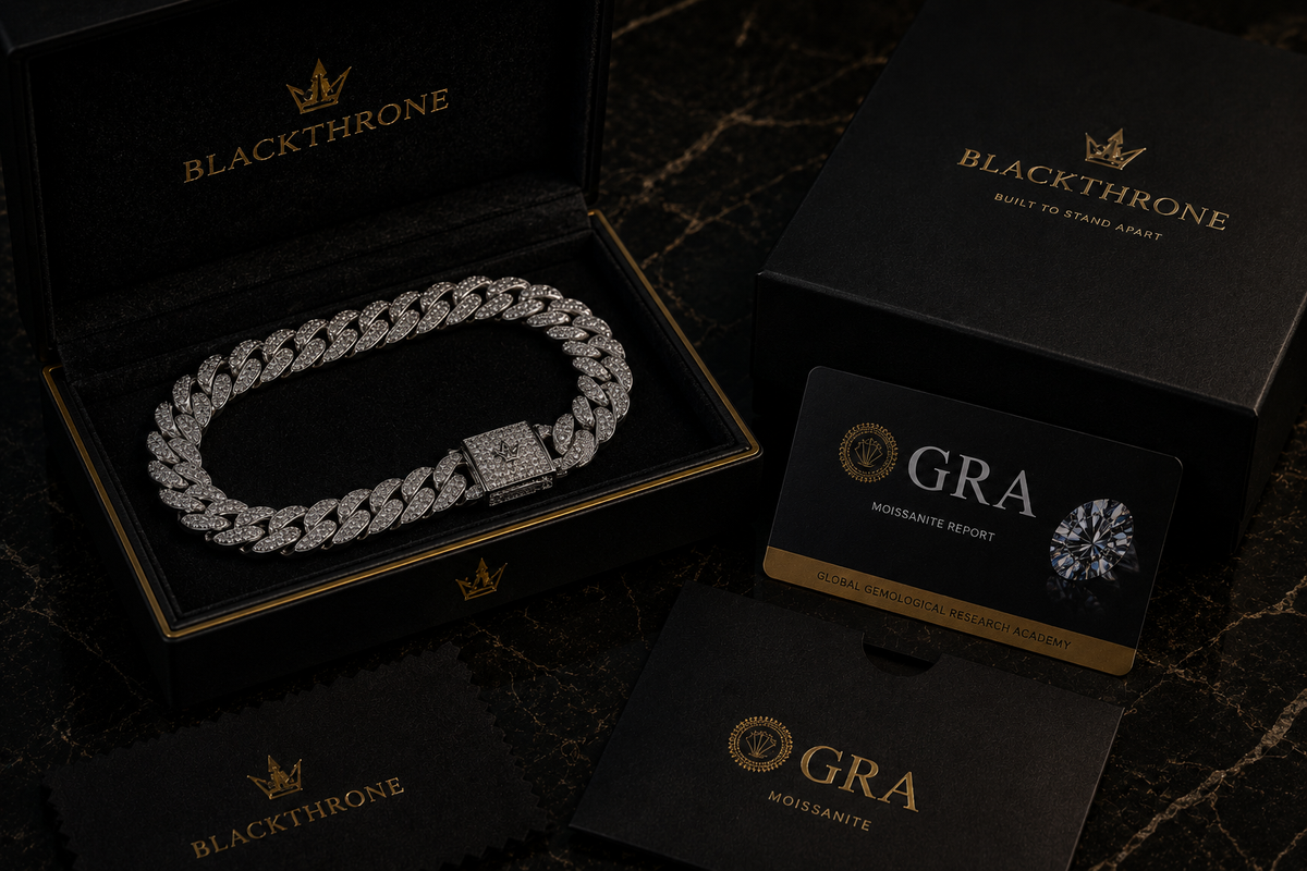 Manufacturer-supplied GRA moissanite report and matching warranty card included with BLACKTHRONE chain